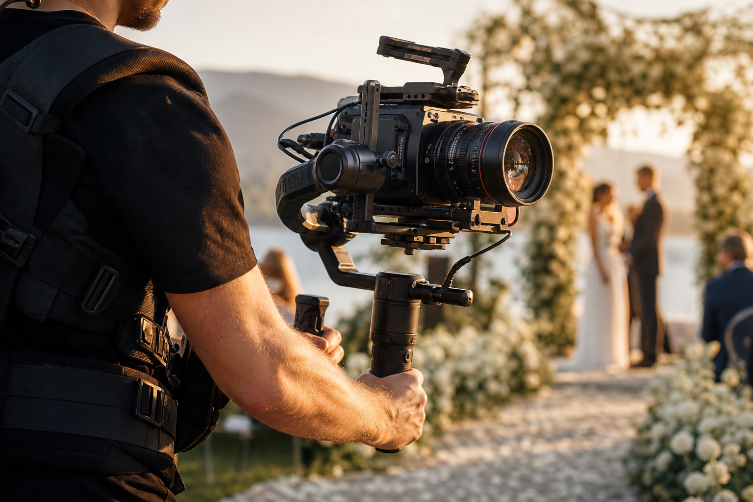 Vidéaste avec stabilisateur filmant les mariés